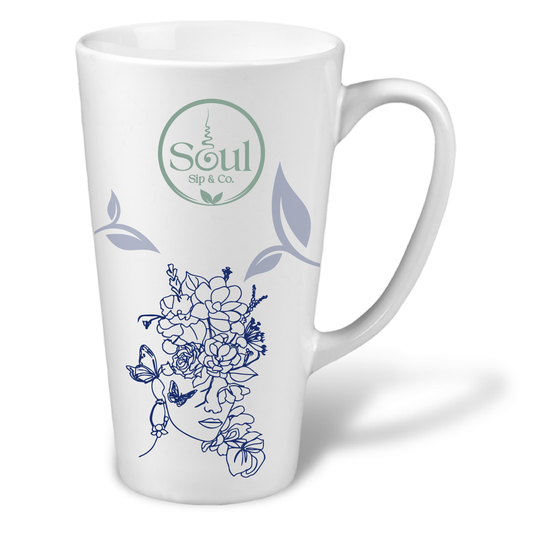 Soul Sip and Co - White Ceramic Tea Mug - Tall - with Ascend blend artwork image
