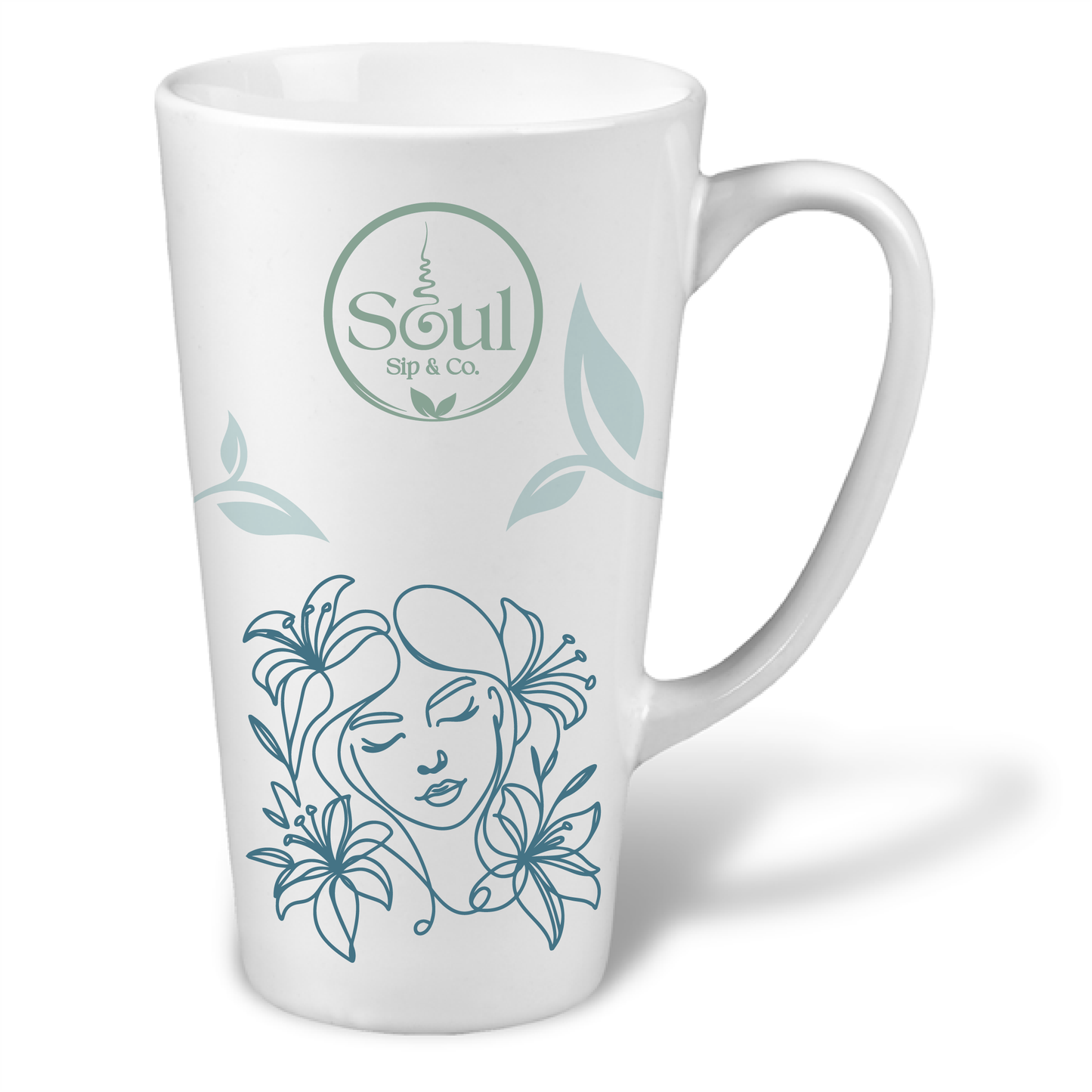 Soul Sip and Co - White Ceramic Tea Mug - Tall - with Dream blend artwork image
