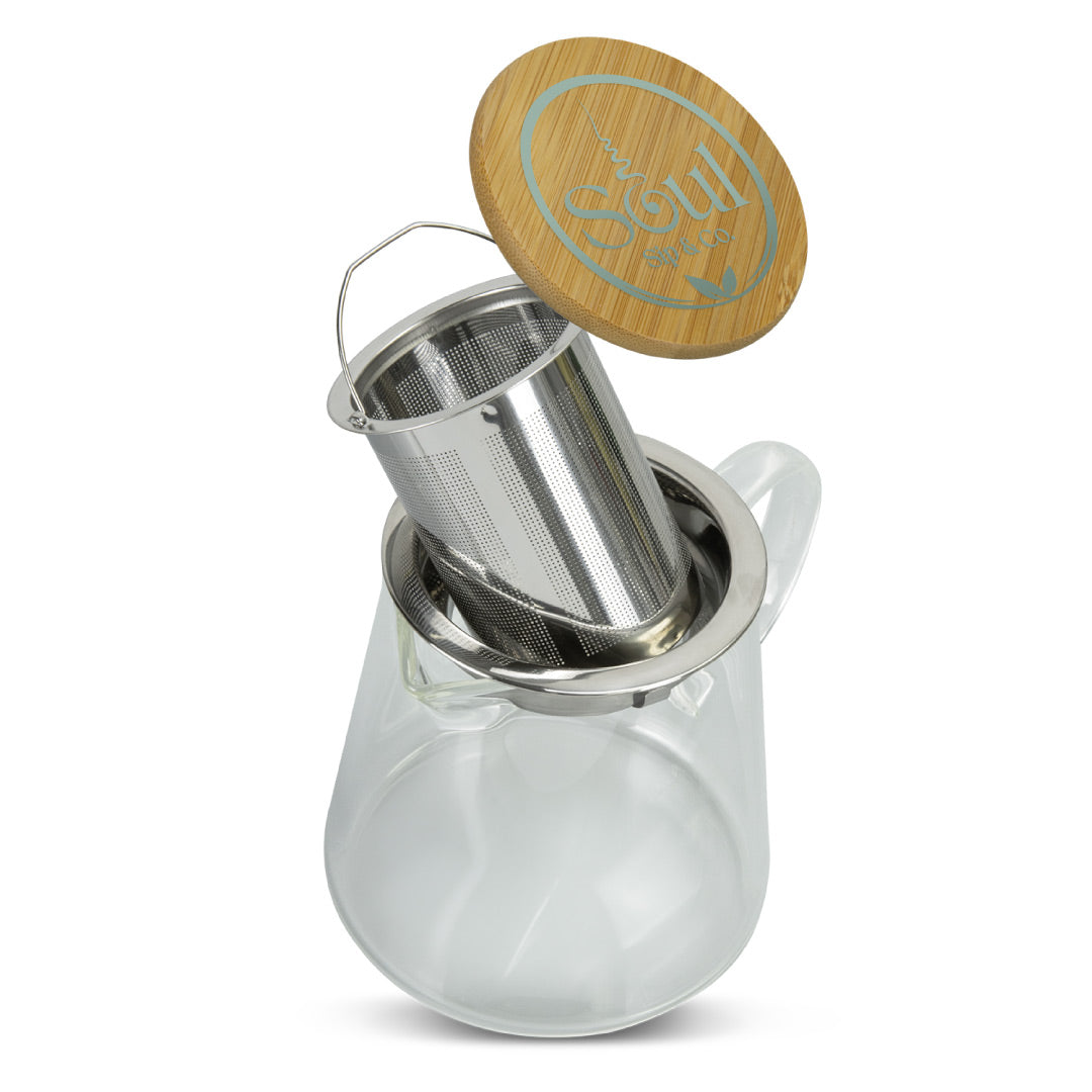Soul Sip and Co - Glass Tea Pot with Infuser - Bamboo Lid - 460ml - with lid off