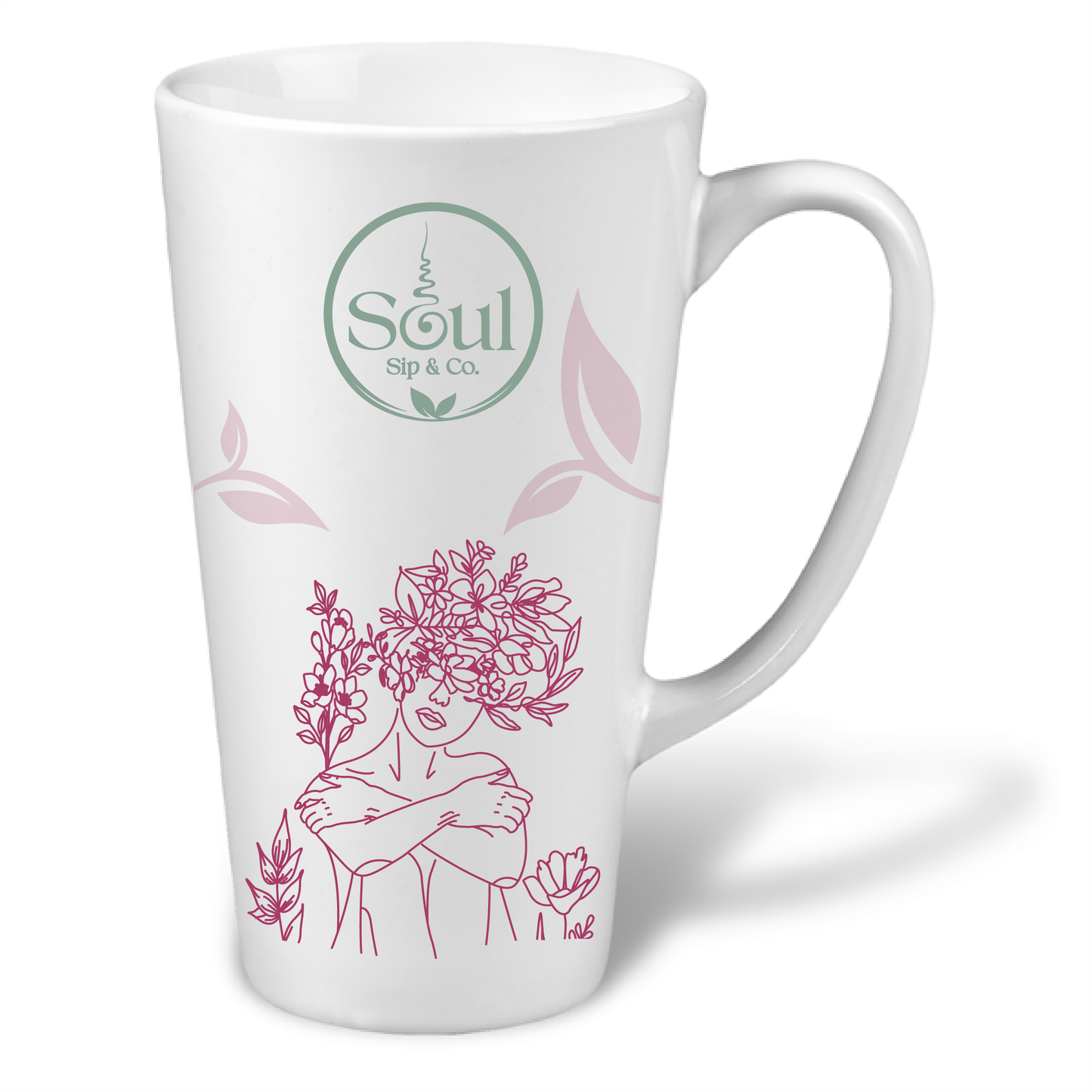 Soul Sip and Co - White Ceramic Tea Mug - Tall - with Goddess blend artwork image