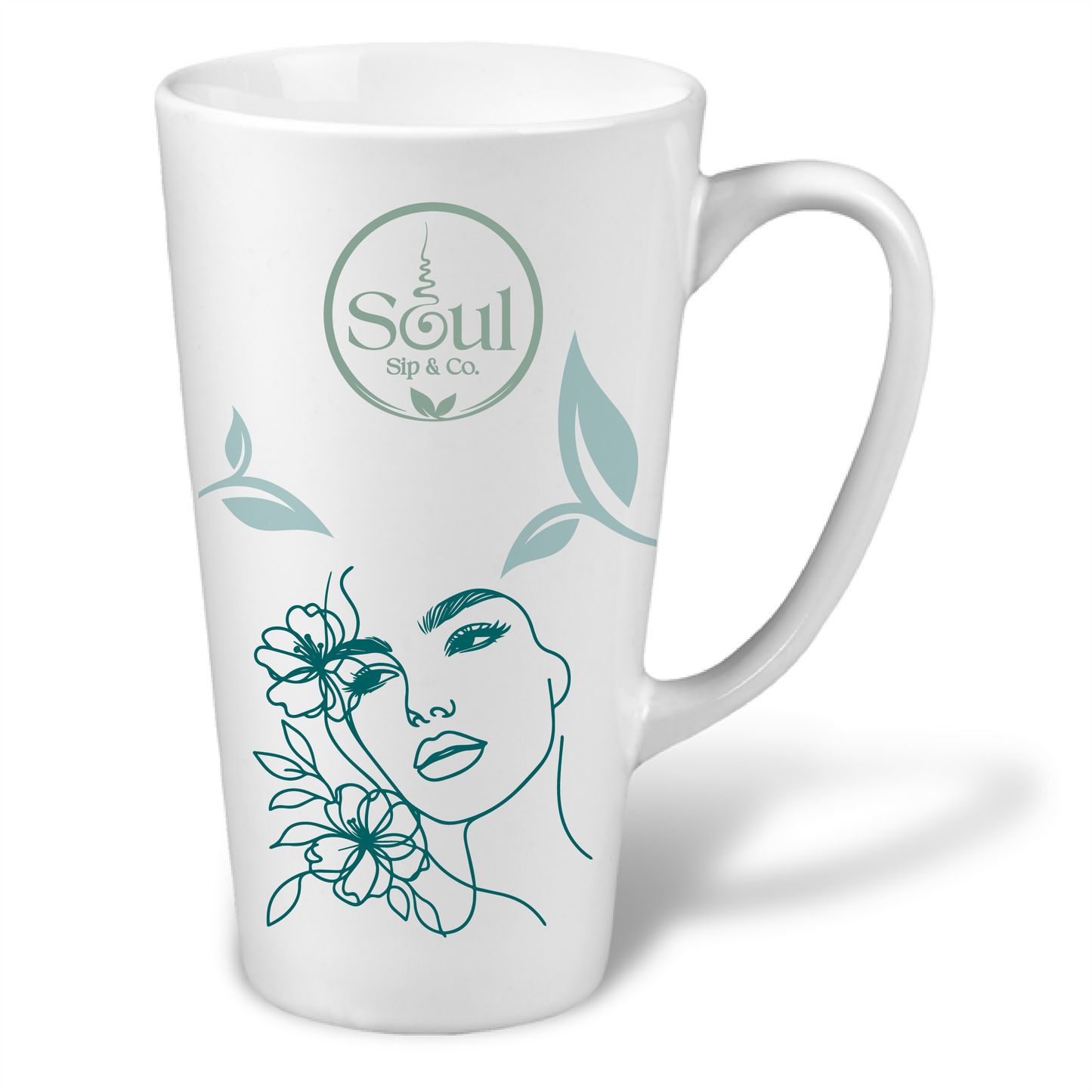 Soul Sip and Co - White Ceramic Tea Mug - Tall - with harmony blend artwork image