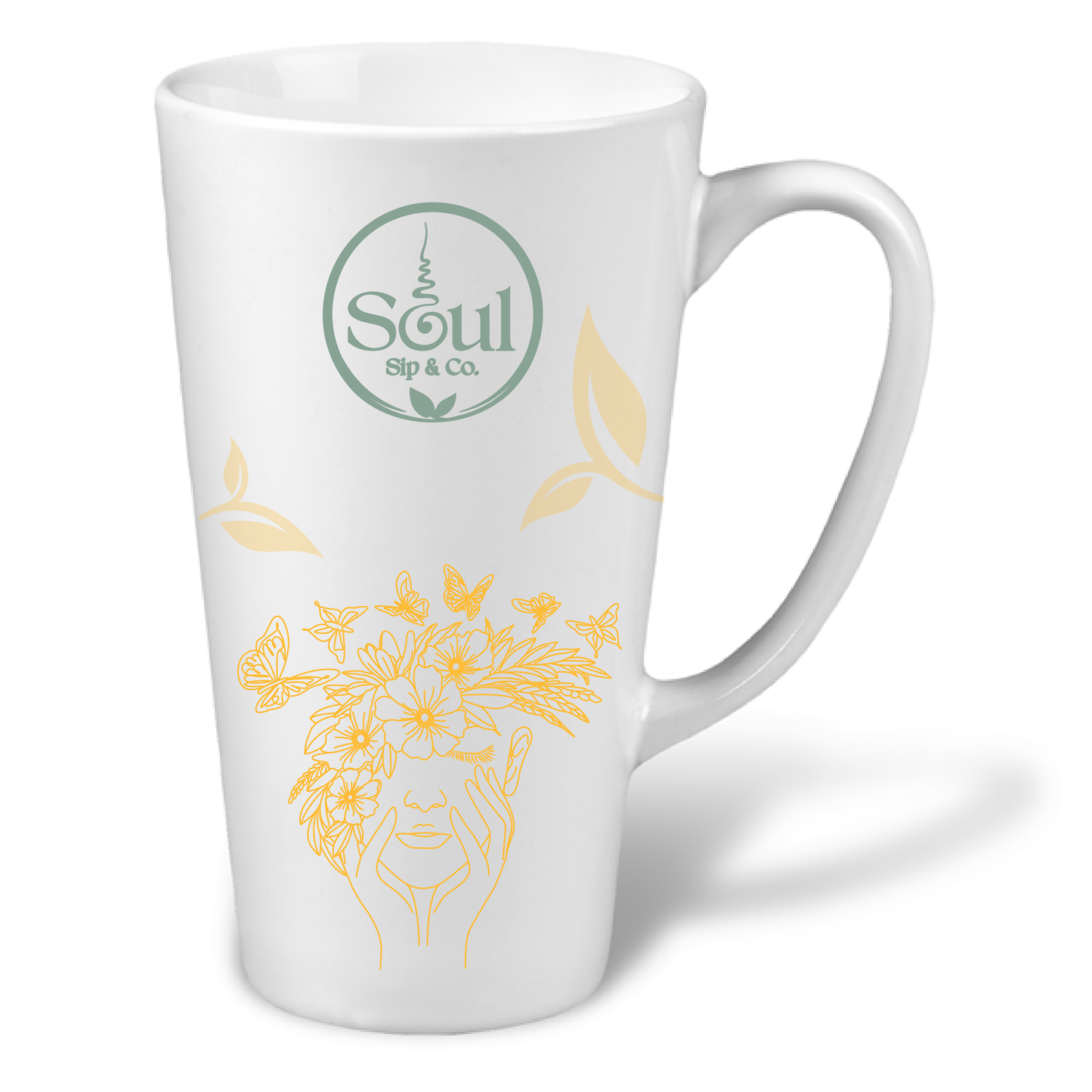 Soul Sip and Co - White Ceramic Tea Mug - Tall - with Radiate blend artwork image