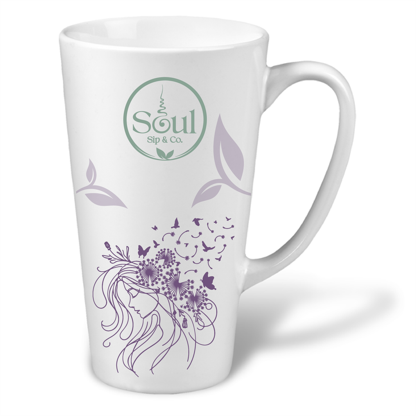 Soul Sip and Co - White Ceramic Tea Mug - Tall - with release blend artwork image