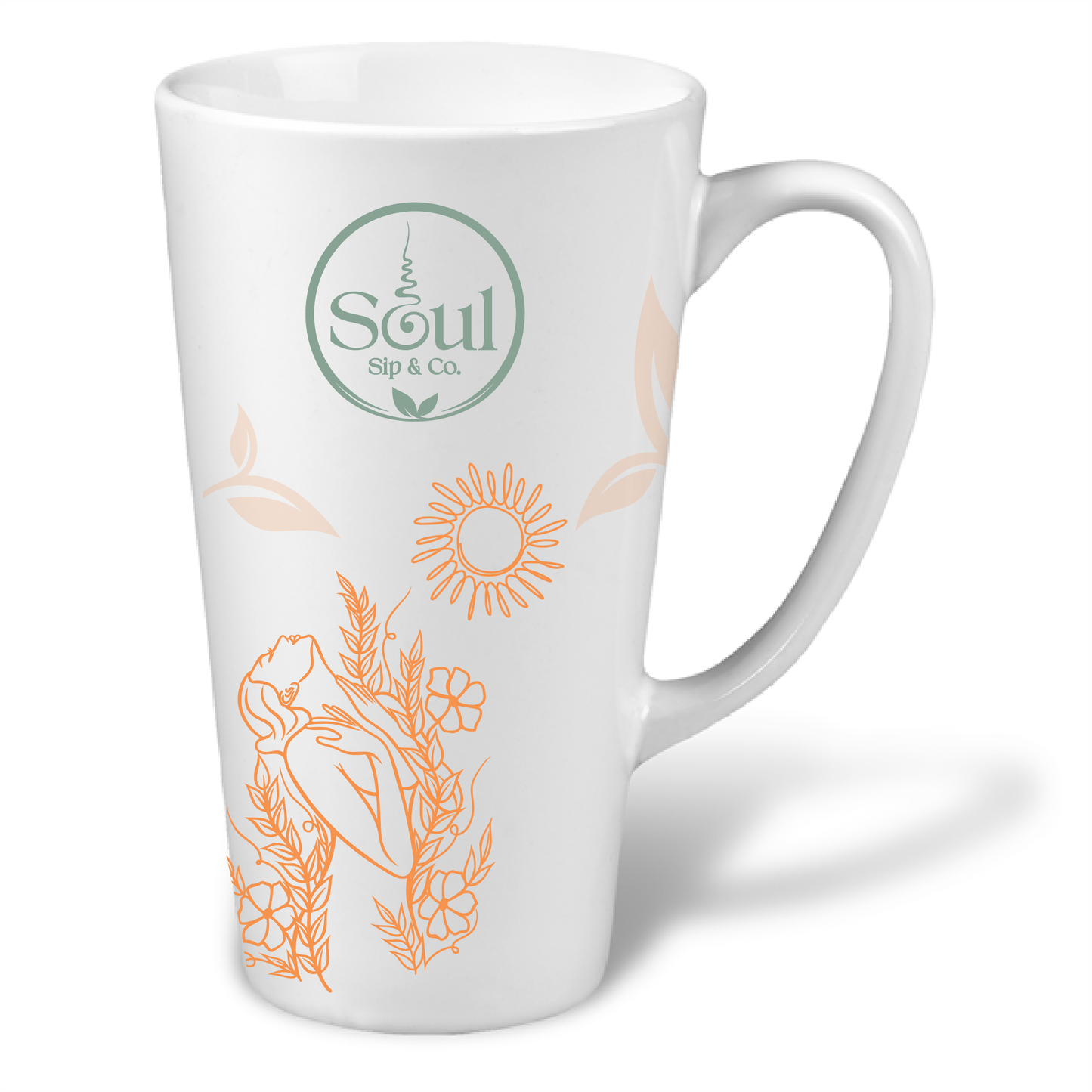 Soul Sip and Co - White Ceramic Tea Mug - Tall - with rise blend artwork image