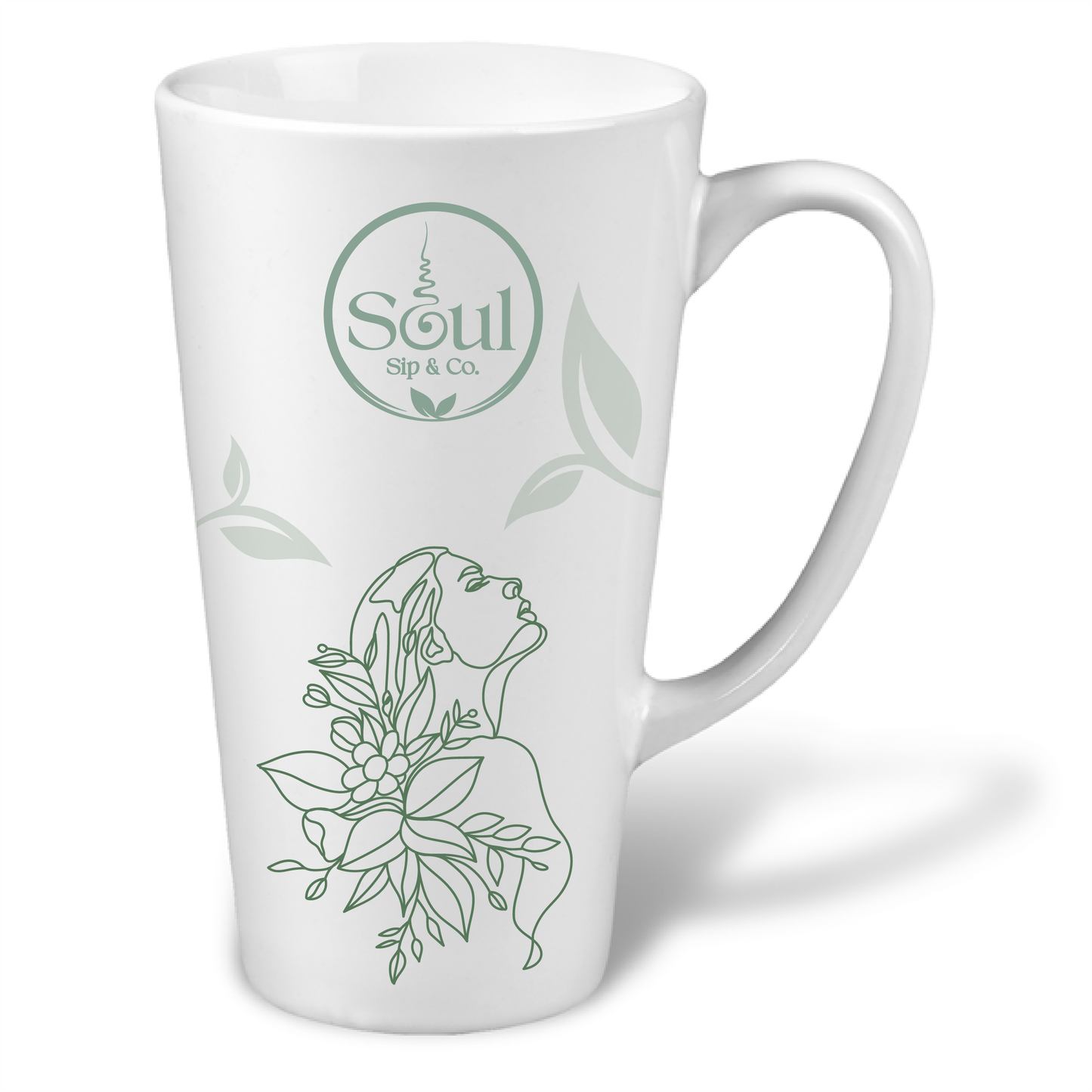 Soul Sip and Co - White Ceramic Tea Mug - Tall - with Serenity blend artwork image