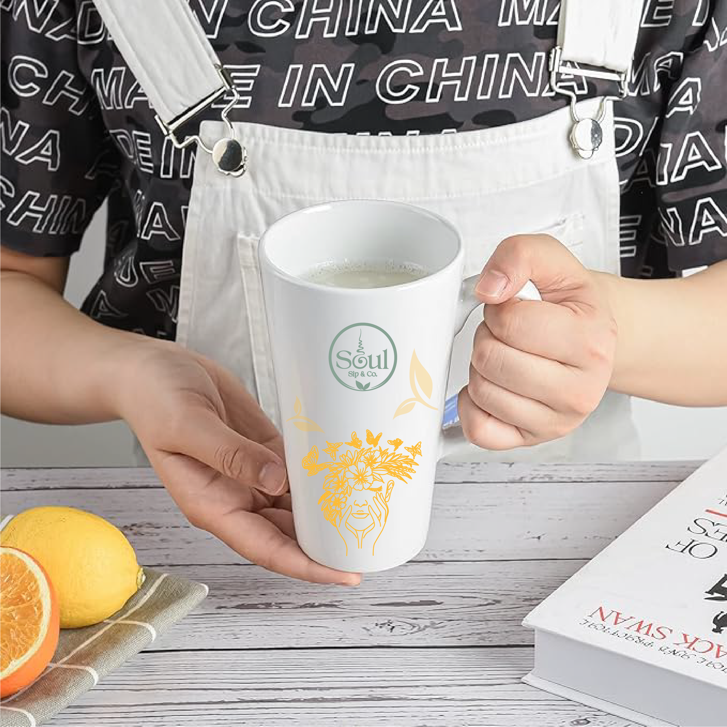 Soul Sip and Co - White Ceramic Tea Mug - Tall - with Radiate blend artwork image