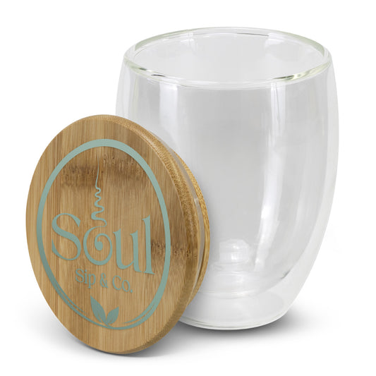 Soul Sip and Co - Glass Cup - Double walled with timber lid - side on image