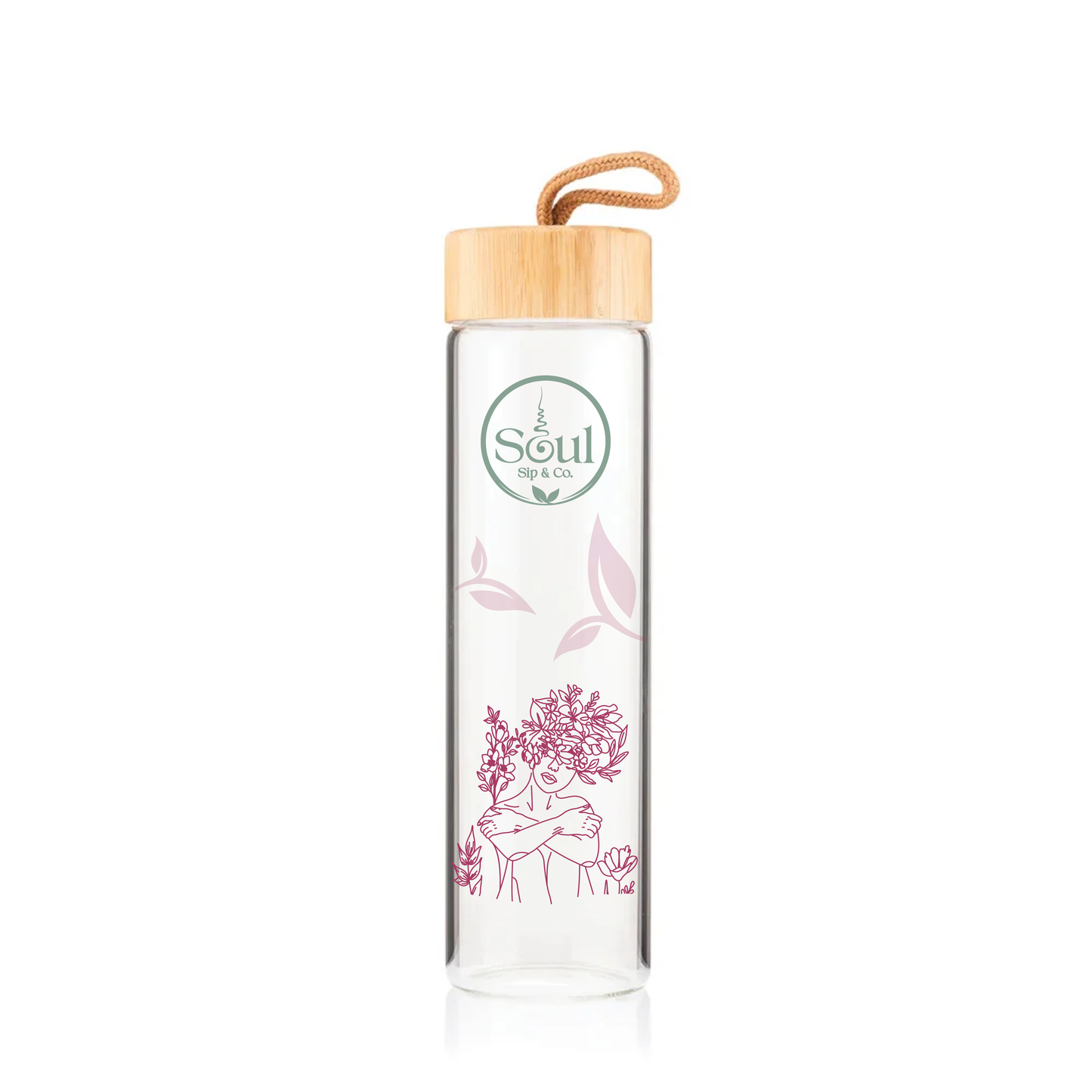 Soul Sip and Co - Glass Drink Bottle with bamboo screw lid - Goddess Blend Artwork Image