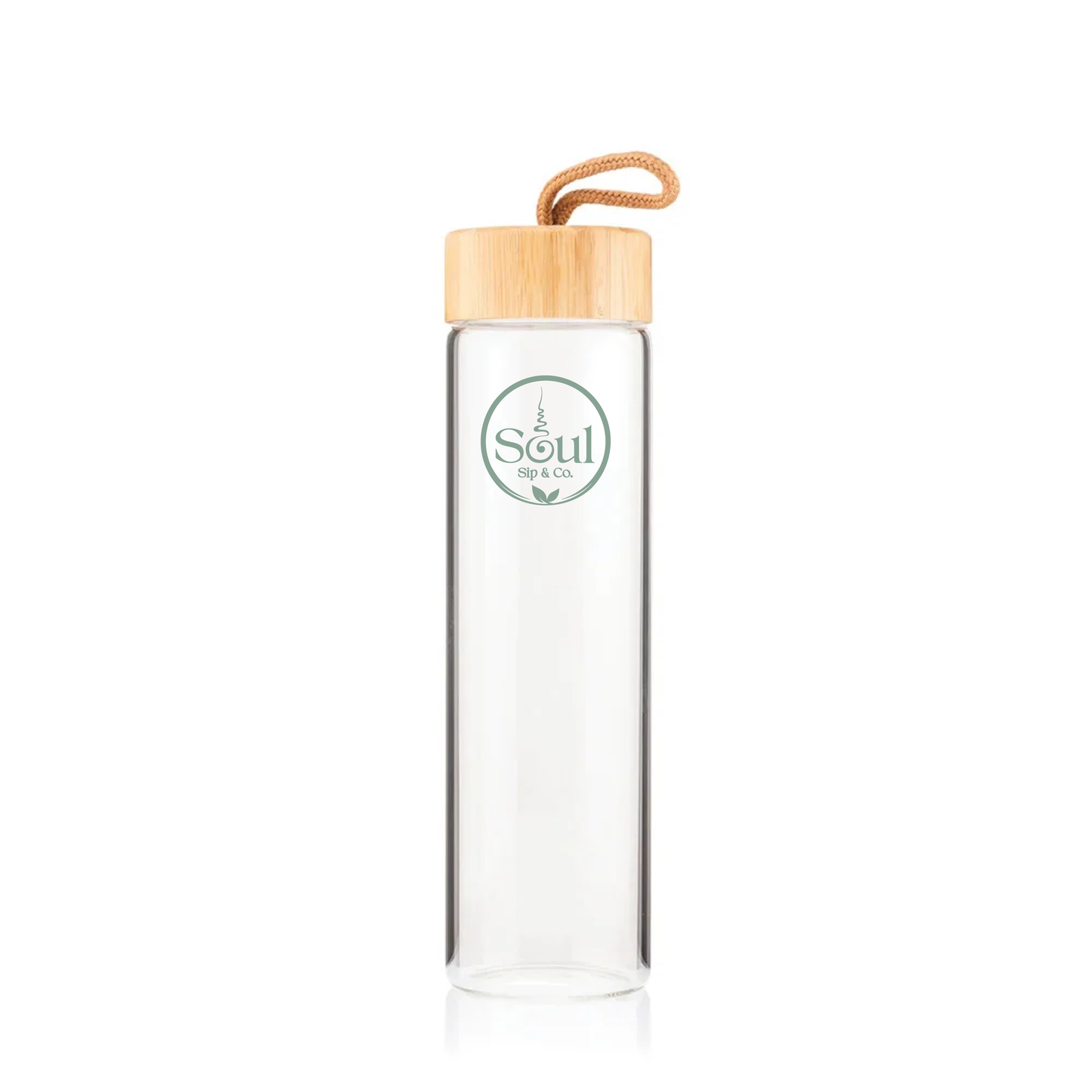 Soul Sip and Co - Glass Drink Bottle with bamboo screw lid - Logo only Artwork Image