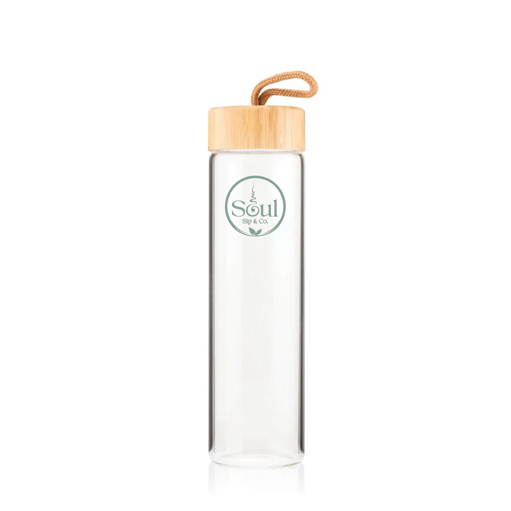 Soul Sip and Co - Glass Drink Bottle with bamboo screw lid - Logo only Artwork Image