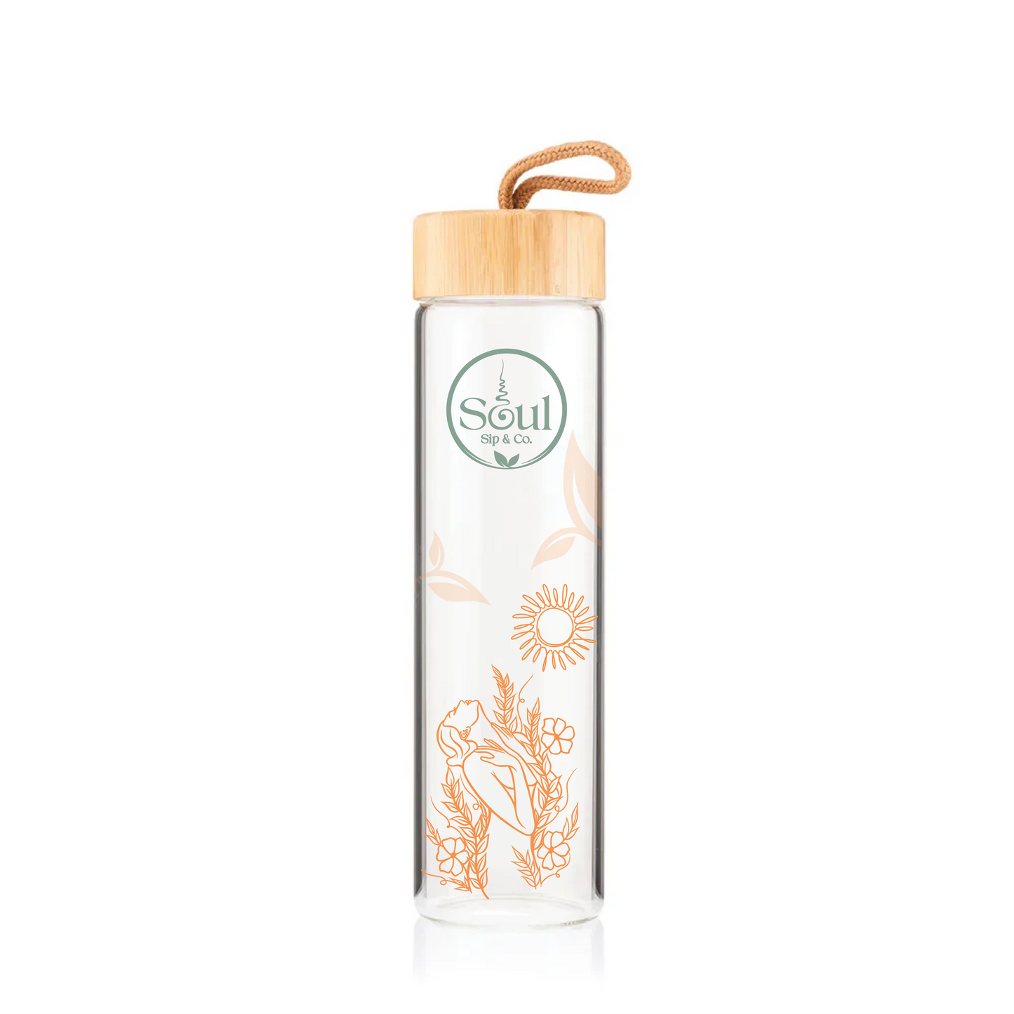 Soul Sip and Co - Glass Drink Bottle with bamboo screw lid - Rise Blend Artwork Side on Image